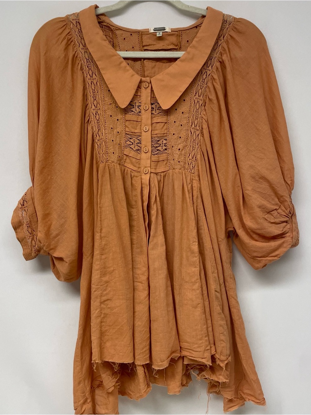 Gimmicks Rust Rust Collared Oversized Boho Peasant Lace Trim Blouse Top Dress S - Picture 2 of 11